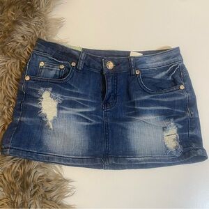 Machine Distressed Rhinestone Jean Mini Skirt | Size 28 | Y2K 2000s
